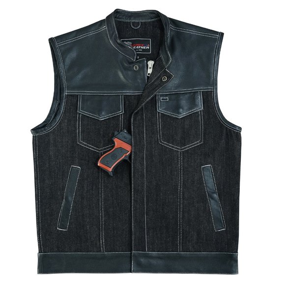 Men's Denim Leather Vest with White Stitching - Picture 3 of 7